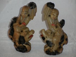 Antique? Chinese? Japanese? Oriental Carved Soapstone Figures Men On Pigs 10.  5cm