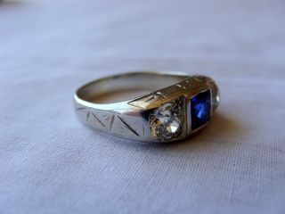 ART DECO 1920 ' S WHITE GOLD RING WITH DIAMONDS AND SYNTHETIC SAPPHIRE SIZE 9 5