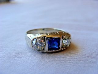 ART DECO 1920 ' S WHITE GOLD RING WITH DIAMONDS AND SYNTHETIC SAPPHIRE SIZE 9 6