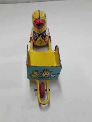 J.  Chein & Co Vintage Tin Toy Easter Chick Pushing Wheelbarrow w/ Wooden Wheels 2