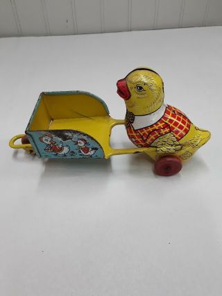 J.  Chein & Co Vintage Tin Toy Easter Chick Pushing Wheelbarrow w/ Wooden Wheels 3