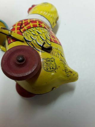 J.  Chein & Co Vintage Tin Toy Easter Chick Pushing Wheelbarrow w/ Wooden Wheels 5