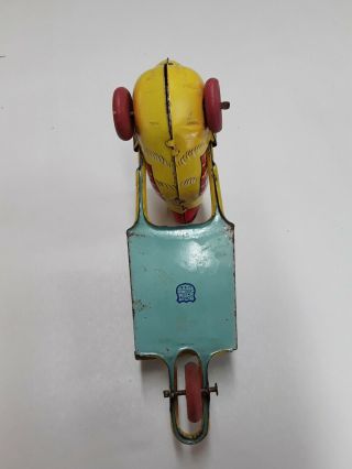 J.  Chein & Co Vintage Tin Toy Easter Chick Pushing Wheelbarrow w/ Wooden Wheels 6