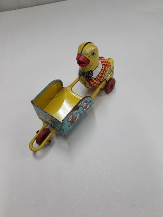 J.  Chein & Co Vintage Tin Toy Easter Chick Pushing Wheelbarrow w/ Wooden Wheels 7