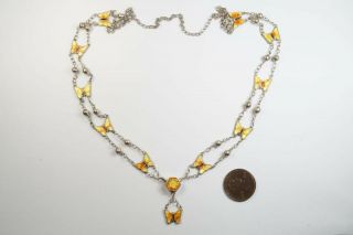 V Pretty Antique European Silver Enamel Butterfly Necklace C1930