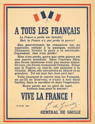 Vintage Poster World War Ii France 1940 Charles De Gaulle Flag