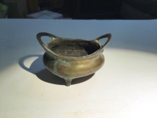 Small Antique Old Chinese Bronze Tripod Incense Burner Censer Signed 2