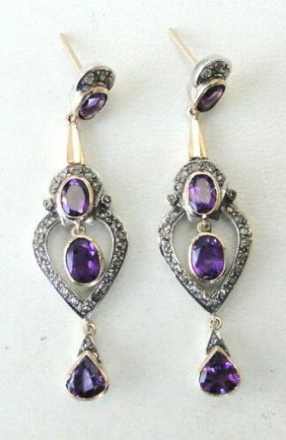 Victorian Diamond Natural Amethyst Gold Silver Earring