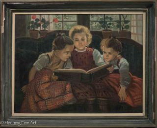 Vintage Oil Painting Of Three Girls Reading After Sir Walter Firle