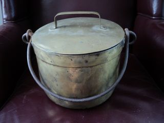 Old Brass Bucket Or Pail With Wrought Iron Swing Handle Kettle W Lid