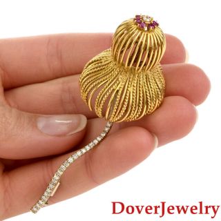 Antique Retro Diamond Ruby 18k Gold Flower Rope Large Pin 17.  6 Grams Nr