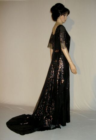 Antique Museum Quality Early 1900’s Edwardian Black Sequin Gown W/ Tra