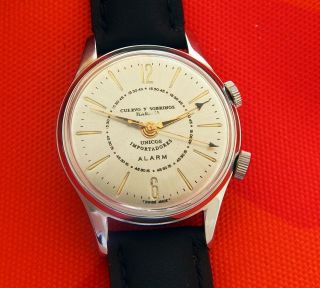 Vintage Cuervo Y Sobrinos Alarm Silver Sunburst Dial 33.  7mm Case Serviced