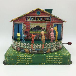 1953 Mattel Farmer In The Dell 503 Tin Lithoraph Musical Wind Up Toy Music