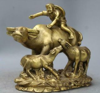 Old China Fengshui Brass Shepherd Boy Ride Oxen Bull Cattle Animal Statue