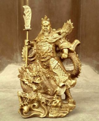 Chinese Heroic Guan Gong Yu Bronze Warrior God Stand In Dragon Statue