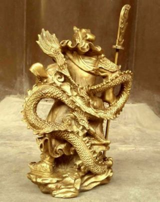 Chinese heroic Guan Gong Yu Bronze Warrior God Stand in Dragon Statue 2