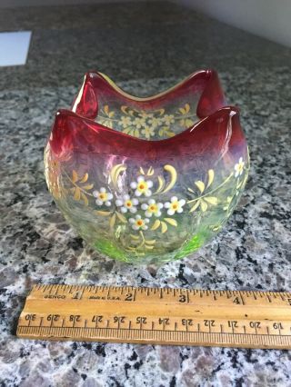 Rubina Verde Vaseling Glass Rose Bowl W/ Painted Enamel Flowers