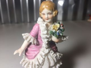 Vintage Dresden Lace Porcelain Figurine Dancing Girl With Flowers