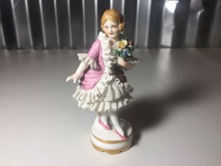 Vintage DRESDEN LACE PORCELAIN FIGURINE DANCING Girl With Flowers 2