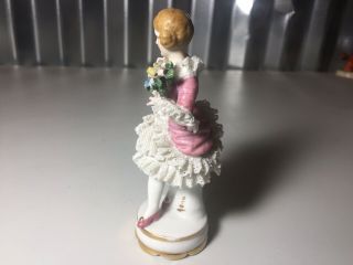 Vintage DRESDEN LACE PORCELAIN FIGURINE DANCING Girl With Flowers 5