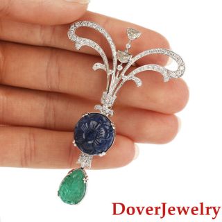 Diamond 14.  09ct Sapphire Emerald 18k White Gold Floral Carved Pin 16.  1 Grams Nr
