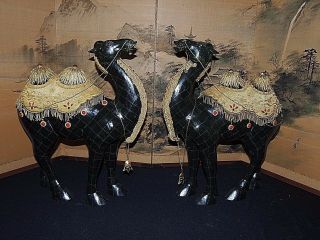 A Rare Antique Chinese Camel Gold - Plated Green Jade Statues 21 " Inc