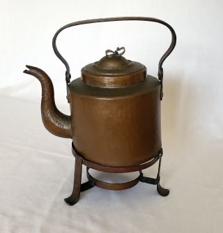 Antique Hand Hammered Copper Teapot On Stand Signed Ts / St Arts & Crafts Period