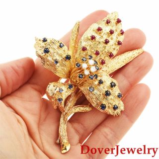 Italian Diamond Ruby Sapphire 18k Gold Large Orchid Floral Pin 34.  9 Grams Nr