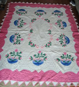 Vintage Hand Sewn Applique Quilt Pink Flowers In Blue Basket