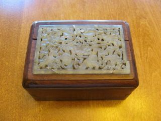 Antique Chinese Wooden Box With Jade Decorated Cover Early 20th Century