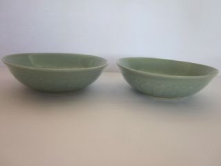 2 VTG Chinese green china bowls relief lotus design mark in blue 3