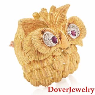 Vintage Diamond Ruby 18K Gold Textured Owl Pin Pendant 19.  6 Grams NR 3