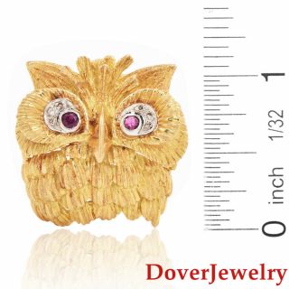 Vintage Diamond Ruby 18K Gold Textured Owl Pin Pendant 19.  6 Grams NR 5