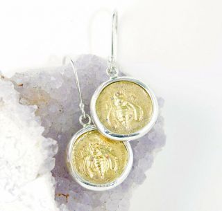 Gold Honeybee Earrings - Sterling Silver - 18k - Ancient Coin Earrings