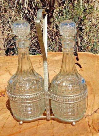 Decanters Glass In Custom Silver Plated Holder Matching England Vtg Pair Vintage