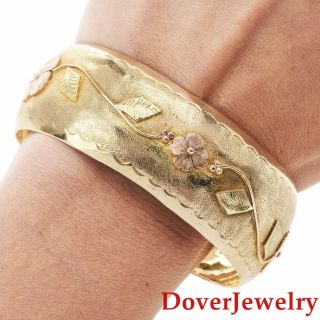 Estate 10k Two - Tone Gold Floral Textured Wide Cuff Bracelet 39.  5 Grams Nr