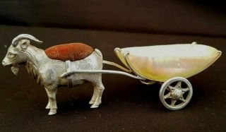 Solid Silver Billy Goat & Cart Pin Cushion.  Adie & Lovekin.  Birmingham 1908.