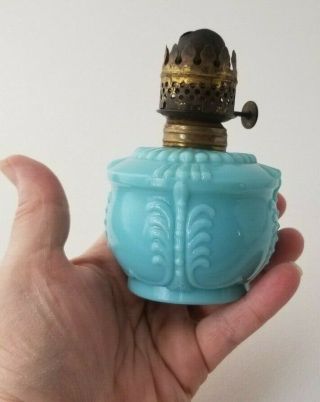 Antique Blue Milk Glass Miniature Kerosene Lamp 4.  25 "
