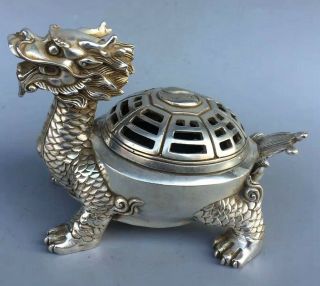 Collect Qianlong Old Tibet Silver Carve Dragon Tortoise Beast Auspicious Censer