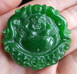 Collectable Chinese Green Jade Buddha Hand Carved Doubleside Pendant Necklace
