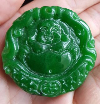 Collectable Chinese Green Jade Buddha Hand Carved Doubleside Pendant Necklace 2