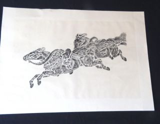 Antique Chinese Horse Stone Rubbing On Rice Paper 22x31