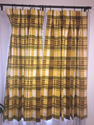 Drapes Curtains Pinch Pleats Mcm Fabric Plaid Yellow Playroom Vintage 6 Panels