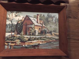Vintage Mid Century Paint By Number Set Beautifully Framed Cabin Horses Stream 10