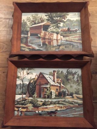 Vintage Mid Century Paint By Number Set Beautifully Framed Cabin Horses Stream