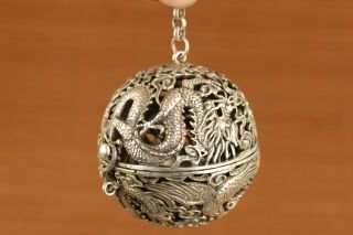 Fine Tibet Silver Hand Carving Dragon Phoenix Incense Burner Pendant Netsuke