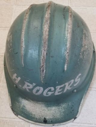 VINTAGE WHITE painted green FIBERGLASS BULLARD 502 Hard Hat IRONWORKER 2