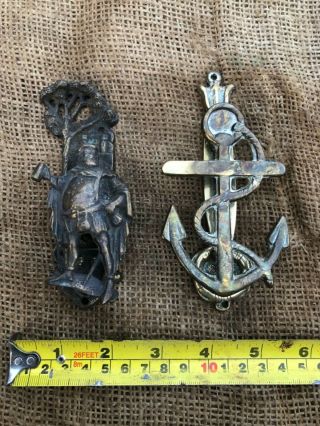 2 Small Vintage Brass Door Knockers Ship Anchor & Figurd