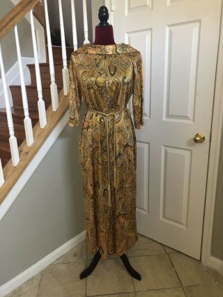 Vintage Franklin Simon Gold Retro Mod Long Dress W/ Belt M/l